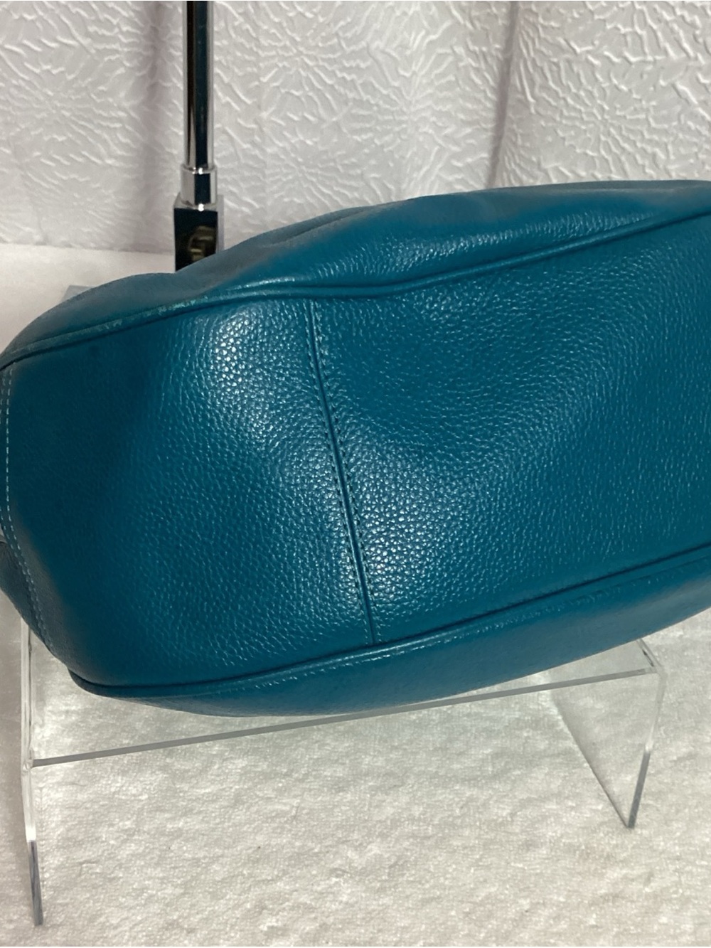 COACH Teal Pebbled Leather Harley East West Hobo Bag with Charm & Long Strap EUC - Picture 10 of 15